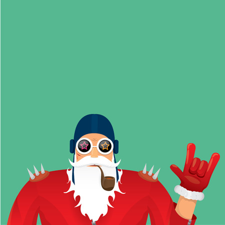 vector biker santa claus with smoking pipe. Christmas hipster poster for party or greeting card.のイラスト素材