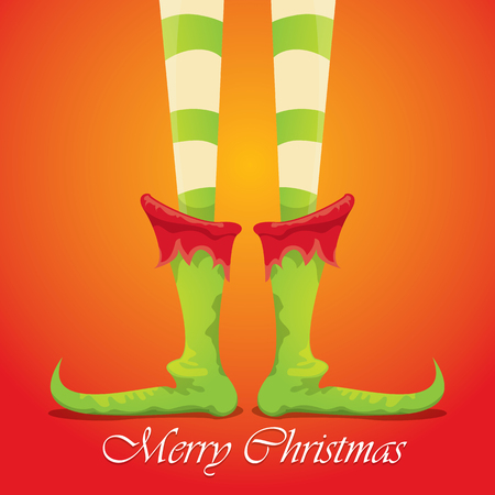 vector creative merry christmas greeting card with cartoon elfs legs, elf shoes and christmas stripped stocking on orange background . Vector merry christmas backgroundのイラスト素材
