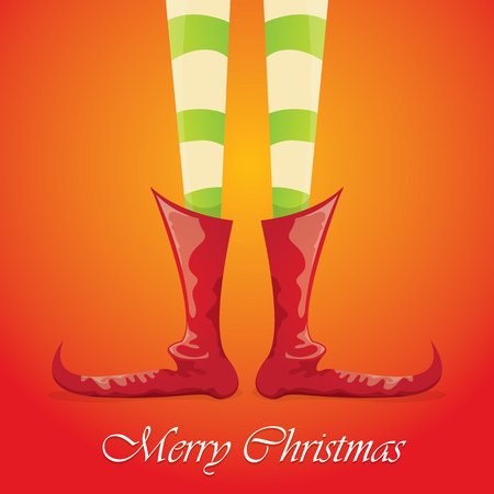 vector creative merry christmas greeting card with cartoon elfs legs, elf shoes and christmas stripped stocking on orange background . Vector merry christmas backgroundのイラスト素材