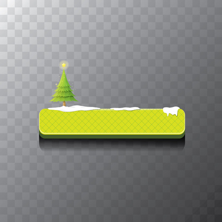 Christmas vector green glossy button with green cartoon christmas tree and christmas lights. web green christmas button with white snow, ice border and transparent shadowのイラスト素材