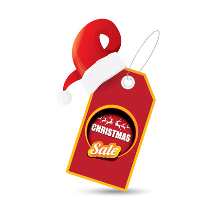 vector Christmas sales tag or label with red santa hat isolated on white background. Red winter Christmas sale poster or backgroundのイラスト素材