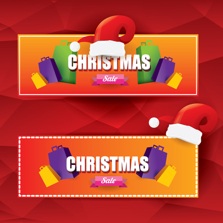 vector Christmas sales tag or label with red santa hat. Red winter Christmas sale poster or backgroundのイラスト素材