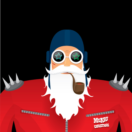 vector rock n roll santa claus with smoking pipe, beard and funky santa hat. Christmas hipster poster for party or greeting card.のイラスト素材