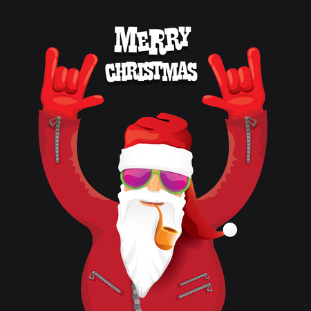 vector rock n roll santa claus with smoking pipe, beard and funky santa hat. Christmas hipster poster for party or greeting card.のイラスト素材