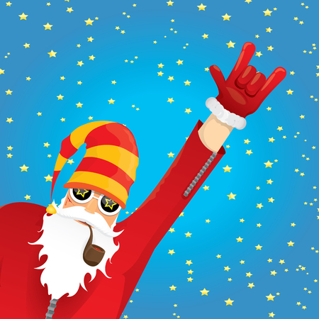 vector rock n roll santa claus with smoking pipe, beard and funky santa hat. Christmas hipster poster for party or greeting card.のイラスト素材