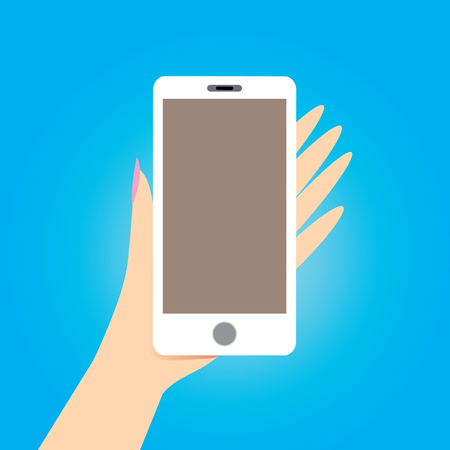 Hand holding white smart phone on blue background.のイラスト素材