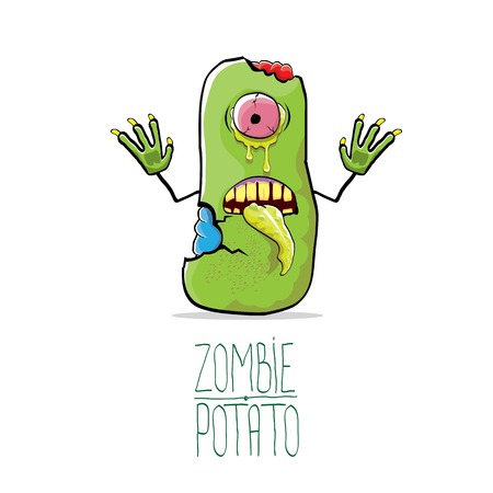 vector funny cartoon cute green zombie potato isolated on white background. Halloween monster vegetable funky characterのイラスト素材