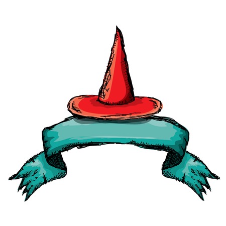 sketch red witch hat isolated on white. vector halloween doodle art red wizard cone hat. vector funky handdrawn witch hat iconのイラスト素材