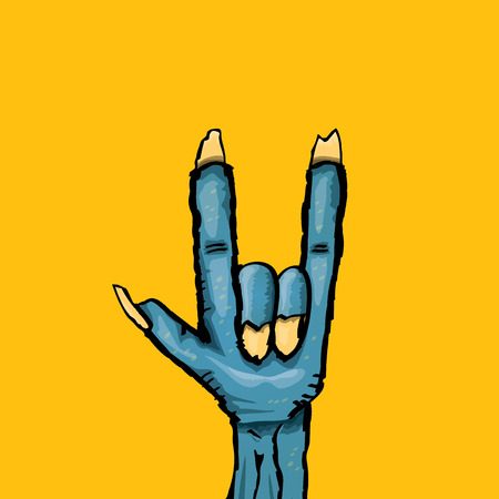 Blue cartoon Zombie hand shows rock n roll gesture isolated on orange with space for text .のイラスト素材