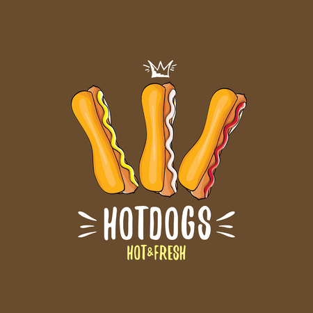 vector cartoon hotdogs icon set isolated on brown background. Vintage hot dog poster or label designのイラスト素材