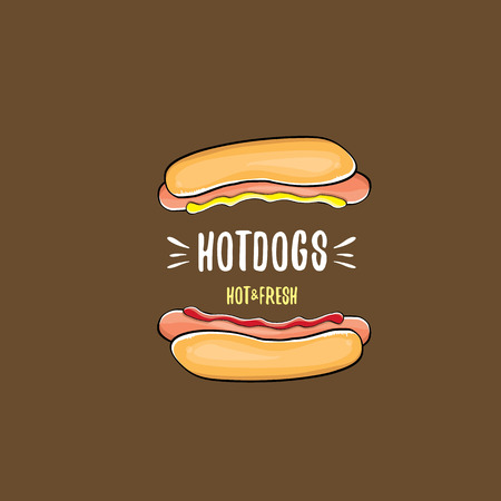 vector cartoon hotdogs icon set isolated on brown background. Vintage hot dog poster or label designのイラスト素材