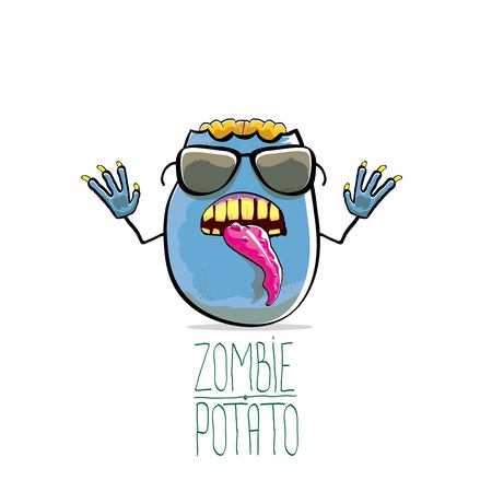 vector funny cartoon cute blue zombie potato isolated on white background. Halloween monster vegetable funky characterのイラスト素材