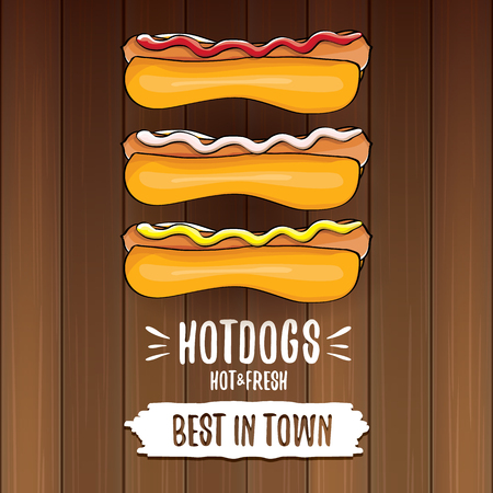 Cartoon hotdogs label isolated on wooden table background.のイラスト素材