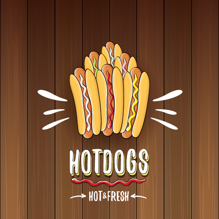 Cartoon hotdogs label isolated on wooden table background.のイラスト素材