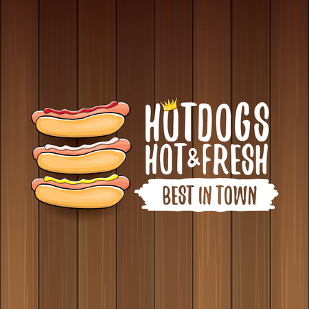 Cartoon hotdogs label isolated on wooden table background.のイラスト素材