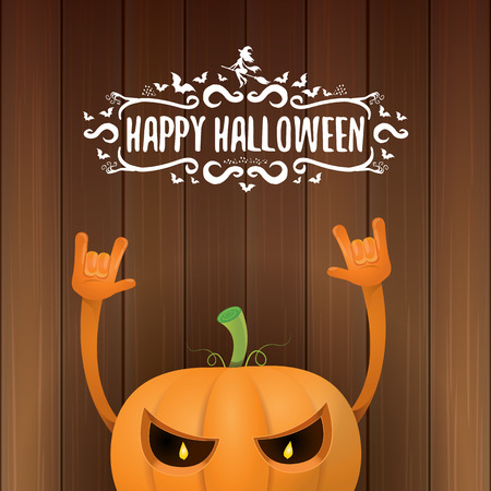 vector halloween funky rock n roll style pumpkin character and calligraphic halloween hand drawn text on wooden background. Happy halloween rock party concept posterのイラスト素材