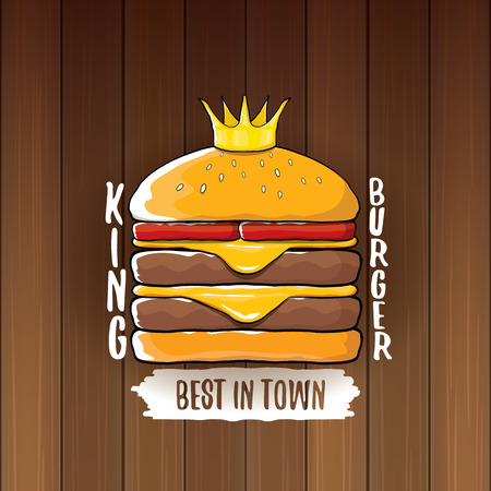 vector cartoon royal king burger with cheese and golden crown icon isolated on on wooden table background.のイラスト素材