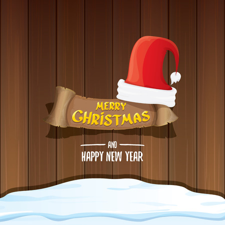 vector red Santa hat with paper banner and greeting text Merry Christmas and Happy new year on wooden background.のイラスト素材