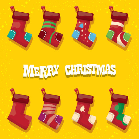vector cartoon cute christmas stocking or socks with color ornament isolated on orange background. Merry Christmas vector greeting cardのイラスト素材