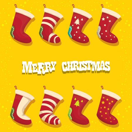 vector cartoon cute christmas stocking or socks with color ornament isolated on orange background. Merry Christmas vector greeting cardのイラスト素材