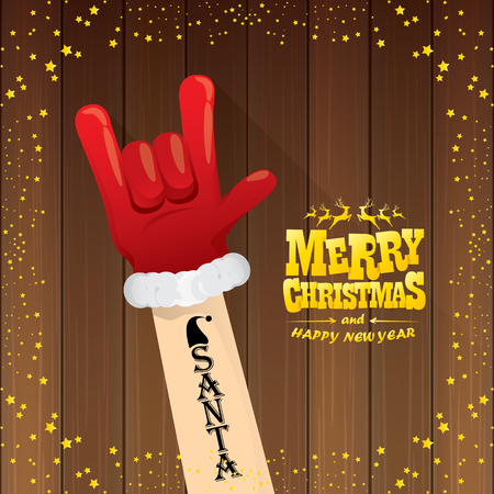 vector cartoon Santa Claus rock n roll style with golden calligraphic greeting text on wooden background with christmas star lights.のイラスト素材
