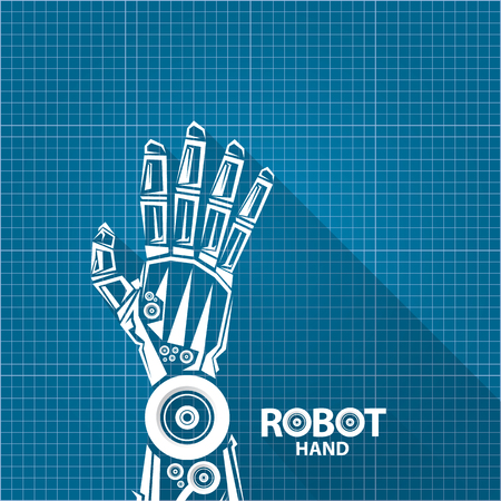 vector robotic arm symbol on blueprint paper background. robot hand. technology background designのイラスト素材