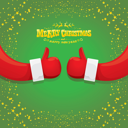 vector funky cartoon Santa Claus like hand icon isolated on green background with stars . thumbs up santa hand symbol. merry christmas greeting card or party poster backgroundのイラスト素材