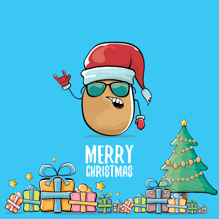 vector funky comic cartoon cute brown smiling santa claus potato with red santa hat, gifts, tree and calligraphic merry christmas text isolated on blue background. vegetable funky christmas characterのイラスト素材
