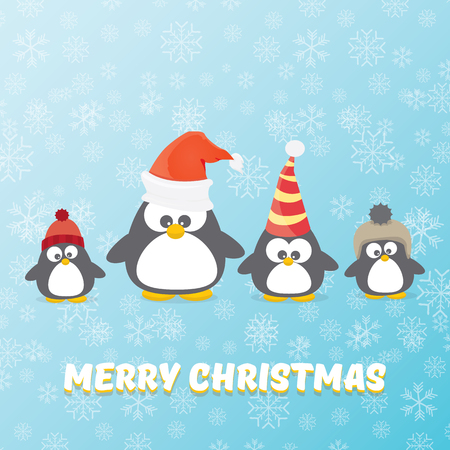 Vector Merry Christmas card with penguins set on blue background with falling snowflakes. Cartoon funny penguinsのイラスト素材