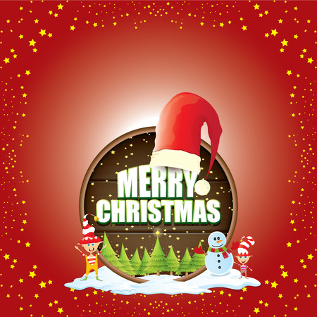 Christmas label with red Santa hat, tree , snow, cartoon snowman , kids elves and greeting text on wooden round sign background.のイラスト素材