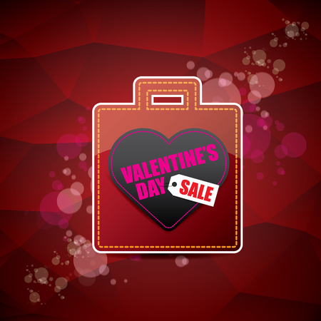 Valentines day heart shape sale label or sticker on abstract red background with blur lights. Vector 14 february sales poster or banner design templateのイラスト素材