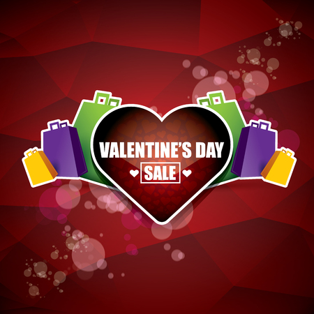 Valentines day heart shape sale label or sticker on abstract red background with blur lights. Vector 14 february sales poster or banner design templateのイラスト素材