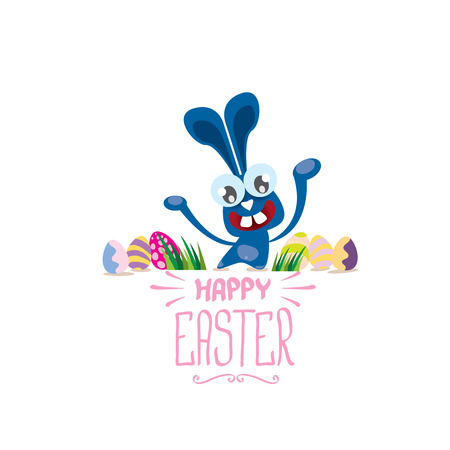 Happy Easter vector greeting card with colorful eggs, funny Easter bunny and hand drawn text isolated on white background vector spring Easter cartoon background.のイラスト素材