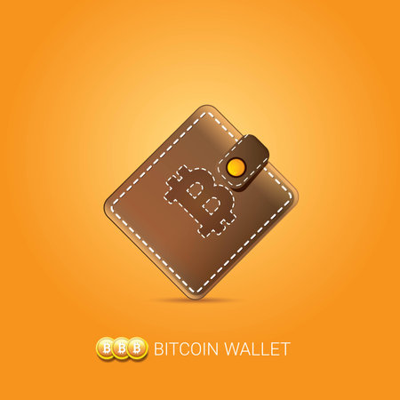 vector brown bitcoin wallet with coins isolated on orange background. bitcoin business conceptのイラスト素材