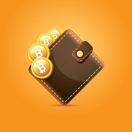 vector brown bitcoin wallet with coins isolated on orange background. bitcoin business conceptのイラスト素材