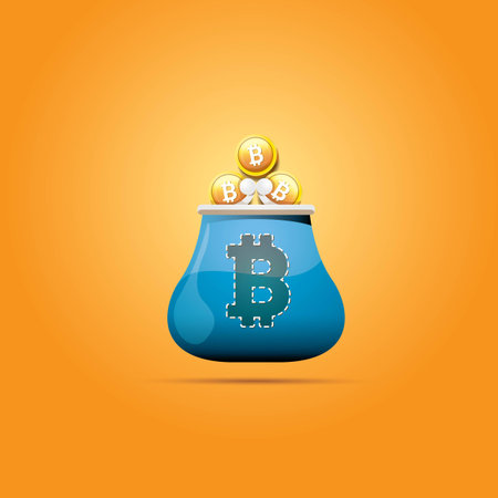 vector blue bitcoin wallet with coins isolated on orange background. bitcoin business conceptのイラスト素材