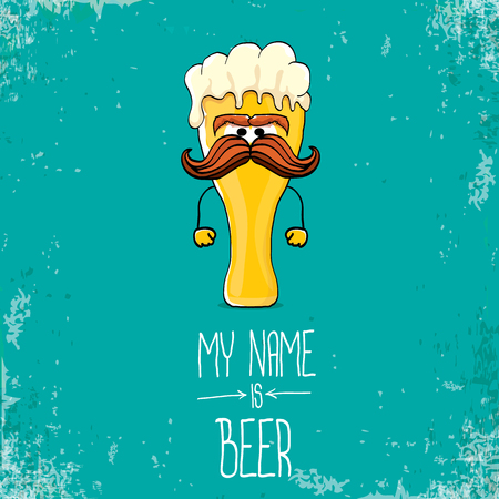 vector cartoon funky fresh beer glass character isolated on grunge azure background.vector beer comic label or posterのイラスト素材