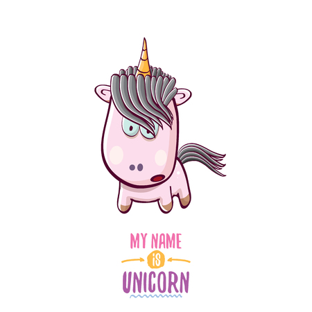 vector funny cartoon cute pink fairy unicorn isolated on white background. My name is unicorn vector concept illustration. funky hand drawn characterのイラスト素材