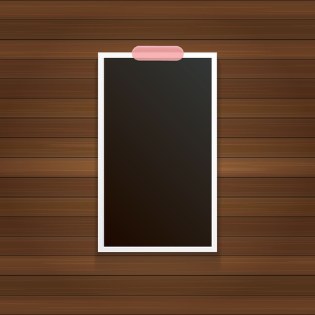 vintage photo frame with shadow isolated on wooden wall background. Vector Photo realistic Mockups with empty space for photo.のイラスト素材