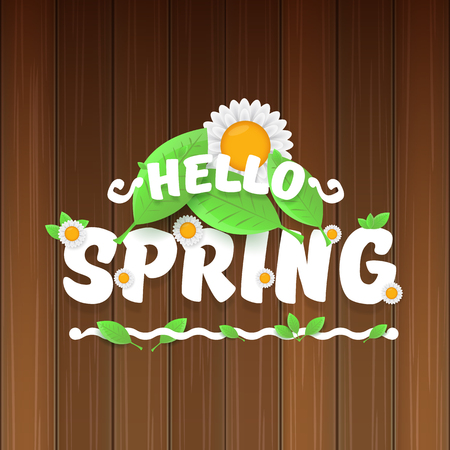 Vector hello spring banner with text and flowers. hello spring slogan or label isolated on wood background.のイラスト素材
