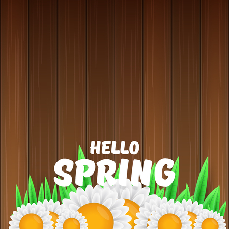 Vector hello spring banner with text and flowers. hello spring slogan or label isolated on wood background.のイラスト素材