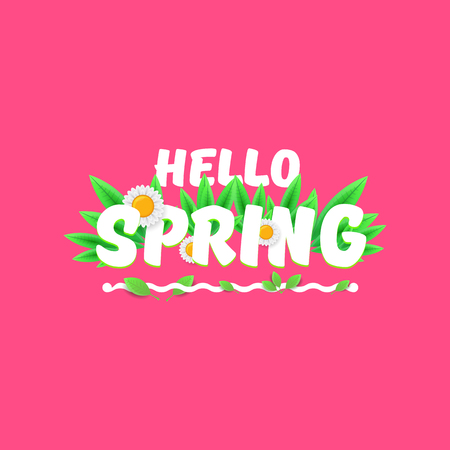 Vector hello spring cut paper banner with text and flowers. hello spring slogan or label isolated on pink background .のイラスト素材