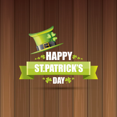 saint patricks day label or poster with green hat, lucky clovers and vintage ribbon on abstract vintage wooden background. vector saint patriks day bannerのイラスト素材