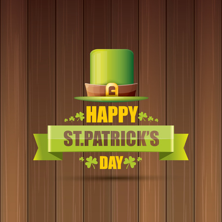saint patricks day label or poster with green hat, lucky clovers and vintage ribbon on abstract vintage wooden background.のイラスト素材