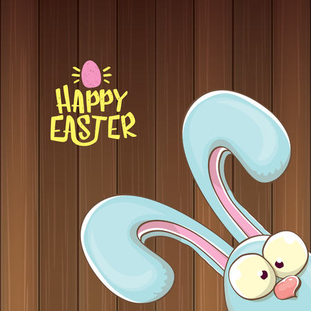 easter bunny with calligraphic text happy easter isolated on wooned background. vector easter greeting card with blue rabbits earsのイラスト素材