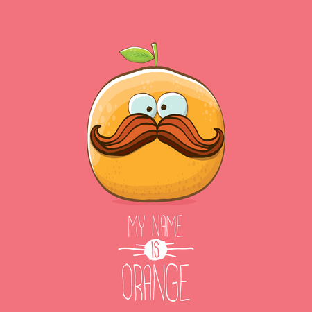 Funny vector cartoon cute orange character isolated on pink background. My name is orange vector concept. Super funky citrus fruit summer food character.のイラスト素材