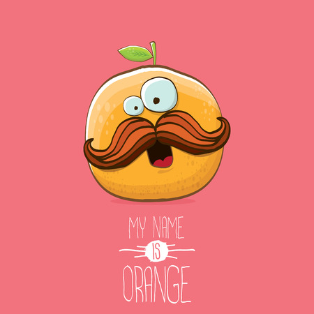 Funny vector cartoon cute orange character isolated on pink background. My name is orange vector concept. Super funky citrus fruit summer food character.のイラスト素材