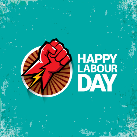 1 may Happy labour day vector label with strong red fist on torquise background . labor day background or banner with man hand. workers may day posterの写真素材