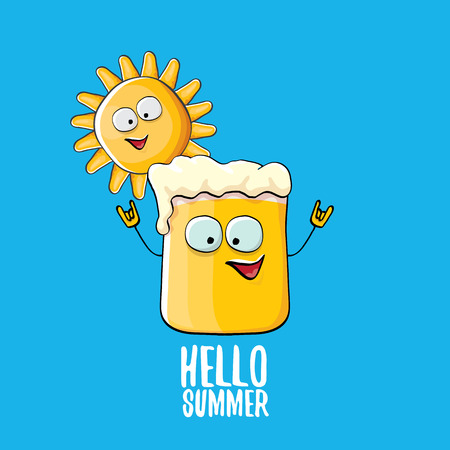vector cartoon funky beer glass character and summer sun isolated on blue background. Hello summer text and funky beer concept illustration. Funny cartoon smiling friends.のイラスト素材