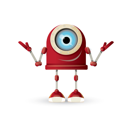vector funny cartoon red friendly robot character isolated on white background. Kids 3d robot toy. chat bot iconのイラスト素材